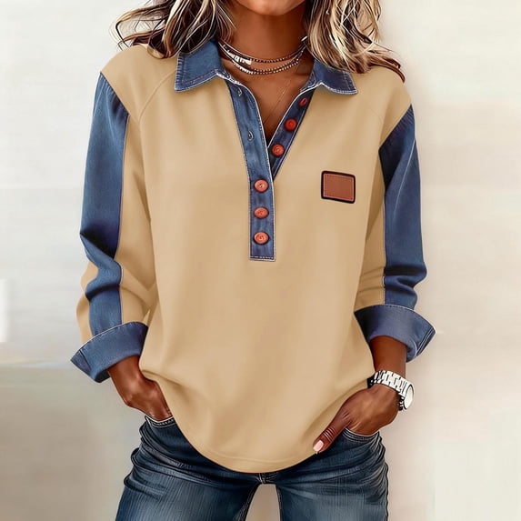 Women's Solid Color Casual Long Sleeve Lapel Button Denim Splicing Sweatshirt Top