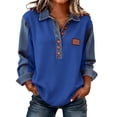thumbnail image 1 of Women's Solid Color Casual Long Sleeved Lapel Button Denim Splicing Pullover Sweatshirt Sweatshirt Top, 1 of 6