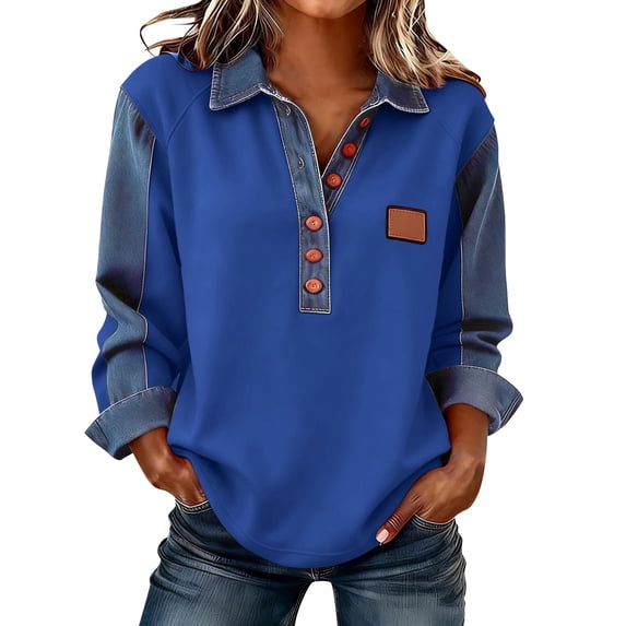 Women's Solid Color Casual Long Sleeved Lapel Button Denim Splicing Pullover Sweatshirt Sweatshirt Top