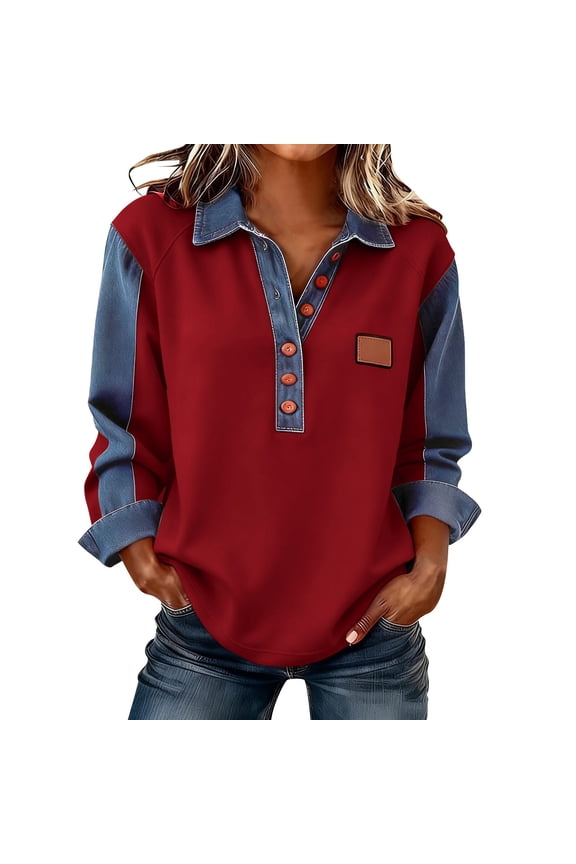 Women's Solid Color Casual Long Sleeved Lapel Button Denim Splicing Pullover Sweatshirt Sweatshirt Top