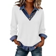 thumbnail image 1 of qucoqpe Women's Denim Patchwork Pullover Tops Casual Long Sleeve Button Lapel V Neck Sweatshirt, 1 of 8