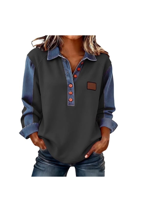 Women's Solid Color Casual Long Sleeved Lapel Button Denim Splicing Pullover Sweatshirt Sweatshirt Top