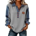 thumbnail image 1 of Women's Solid Color Casual Long Sleeved Lapel Button Denim Splicing Pullover Sweatshirt Sweatshirt Top, 1 of 6