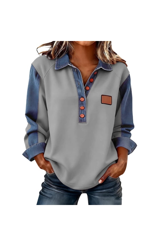 Women's Solid Color Casual Long Sleeved Lapel Button Denim Splicing Pullover Sweatshirt Sweatshirt Top