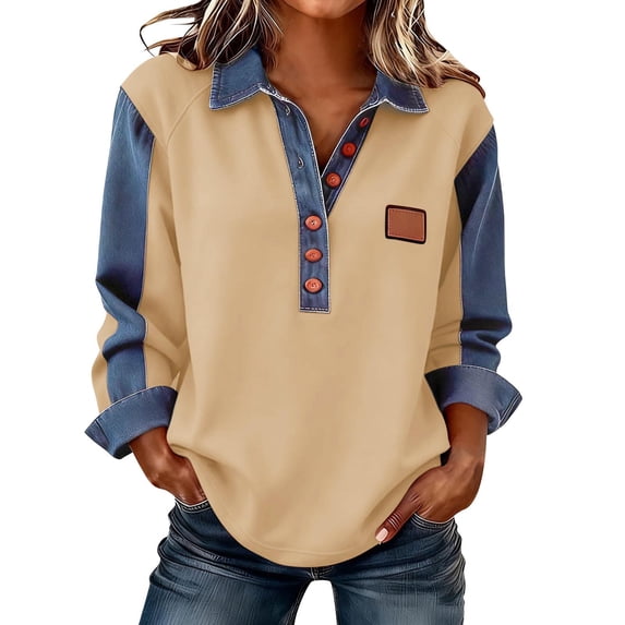 Women's Solid Color Casual Long Sleeved Lapel Button Denim Splicing Pullover Sweatshirt Sweatshirt Top