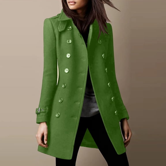 Women's Solid Color Casual Long-sleeved Double-breasted Coat for Autumn and Winter Green XL