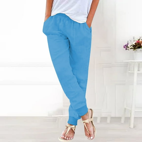 Women's Solid Color Casual Pants - Elastic Waist Tapered Leg Lightweight Cotton Blend Pull-On Trousers with Side Pockets (Plus Size Available) Blue S-5XL