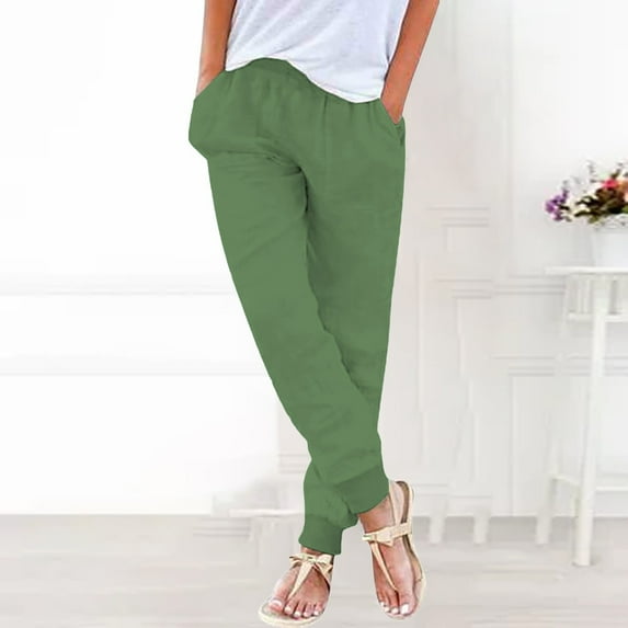 Women's Solid Color Casual Pants - Elastic Waist Tapered Leg Lightweight Cotton Blend Pull-On Trousers with Side Pockets (Plus Size Available) Green S-5XL