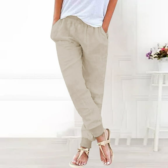 Women's Solid Color Casual Pants - Elastic Waist Tapered Leg Lightweight Cotton Blend Pull-On Trousers with Side Pockets (Plus Size Available) Khaki S-5XL