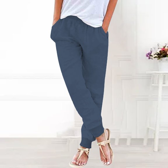 Women's Solid Color Casual Pants - Elastic Waist Tapered Leg Lightweight Cotton Blend Pull-On Trousers with Side Pockets (Plus Size Available) Navy S-5XL