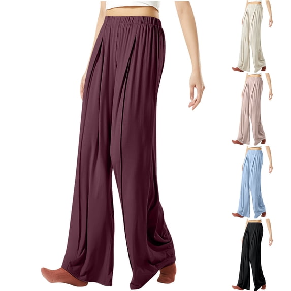 Women's Solid Color Casual Pleated Straight Leg Wide Leg Pants Loose Leg Pants Leggings Yoga | Aestivo,Beige L