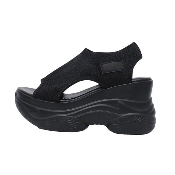 Women's Solid Color Casual Sandals, Platform Elastic Soft Sole Knitted Walking Shoes, Heightening Women's Peep Toe Platform Sneakers Summer Walking Sandals Arch Support Comfy Orthotic Sandal