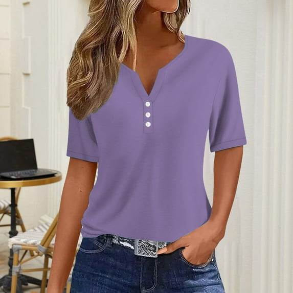 Women's Solid Color Casual Short Sleeve T-Shirt with Button Detail - Soft Loose Fit Everyday Top for Work, Travel & Summer Outfits