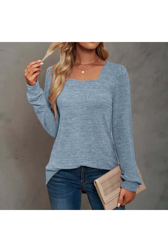 Women's Solid Color Casual Square Neck Pleated Long Sleeve Shirt, Loose Fit, Elegant Long Sleeve Top for Everyday Wear