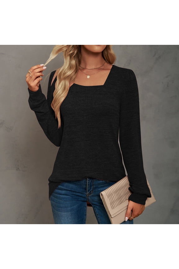 Women's Solid Color Casual Square Neck Pleated Long Sleeve Shirt, Loose Fit, Elegant Long Sleeve Top for Everyday Wear