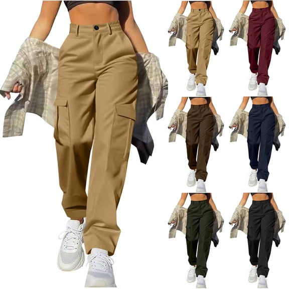 Women's Solid Color Casual Straight Leg Pants, Mid Rise Tummy Smoothing with Button Fly, Functional Side Pockets for Business Casual Office or Daily Lounge, Versatile | CSEONE,Black L