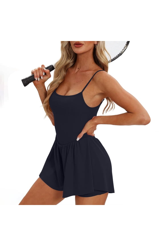 Women's Solid Color Casual Summer Sports Sleeveless Jumpsuit Skirt with Thin Shoulder Straps Double Lined Shorts Jumpsuit