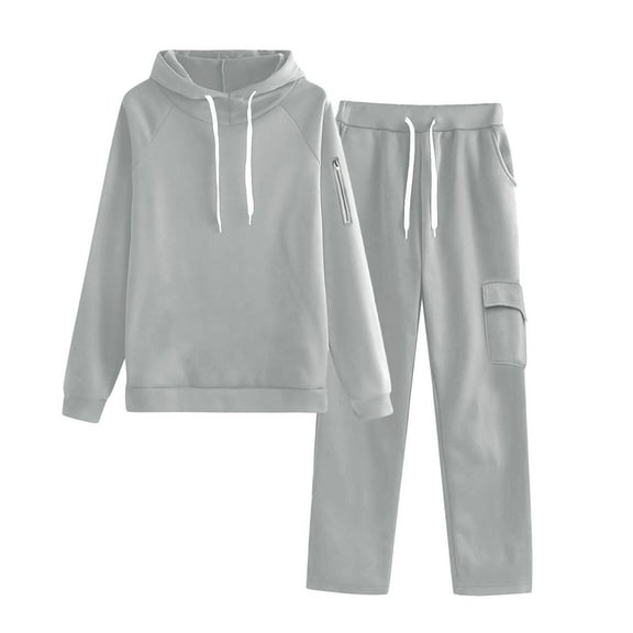 Women's Solid Color Casual Sweatsuit, Loose Fitting Pullover Hoodies Sweatshirt Wide Leg Cargo Trousers Drawstring Tracksuit Sportswear Gray XXL