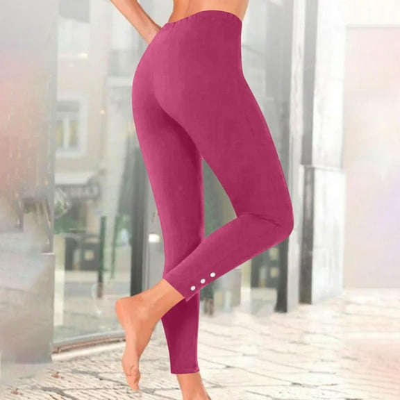 Women's Solid Color Casual Tight Pants with Side Button Plus Size Leggings and Long Pants Pink S