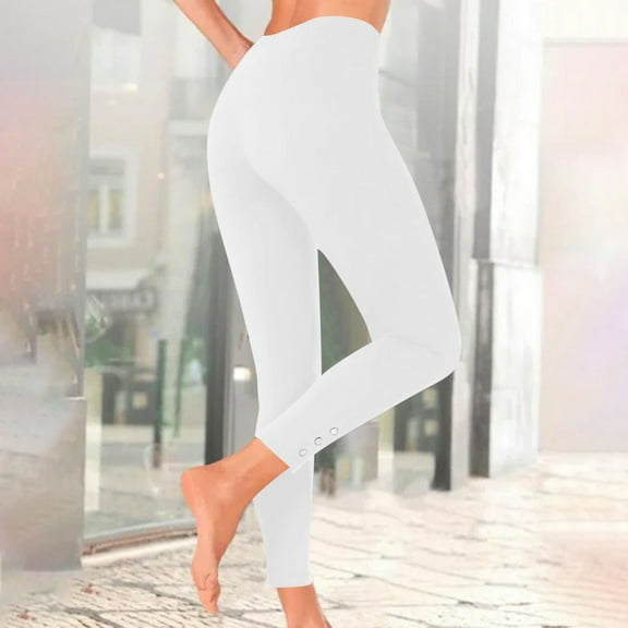 Women's Solid Color Casual Tight Pants with Side Button Plus Size Leggings and Long Pants White M