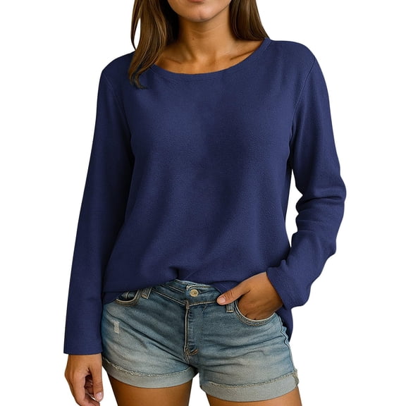 Women's Solid Color Casual Top Round Neck Long Sleeved Loose Pullover Top for Relaxed and Versatile Women's Fashion,Dark Blue,S