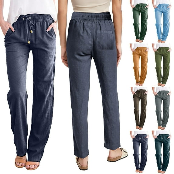 Women's Solid Color Casual Trousers in Soft Cotton with Pockets Comfortable Long Pants for Everyday Wear