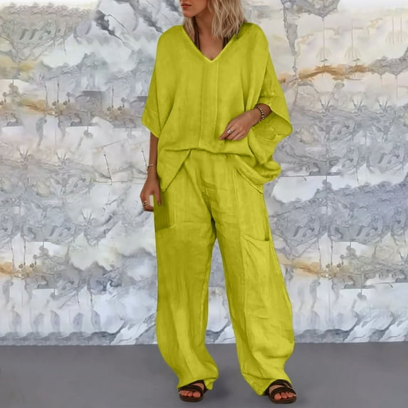 Women's Solid Color Casual V Neck Pant Suit With Loose Pockets And Mid Sleeve Pants Womens Pant Jumpsuit Wedding Guest Jumpsuit Dress Grandmother plus Size Pant Suits for Women Pantsuit for Women plus