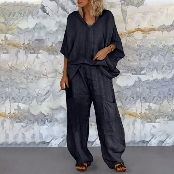 Women's Solid Color Casual V Neck Pant Suit With Loose Pockets And Mid Sleeve Pants Womens Pant Jumpsuit Wedding Guest Jumpsuit Dress Grandmother plus Size Pant Suits for Women Pantsuit for Women plus