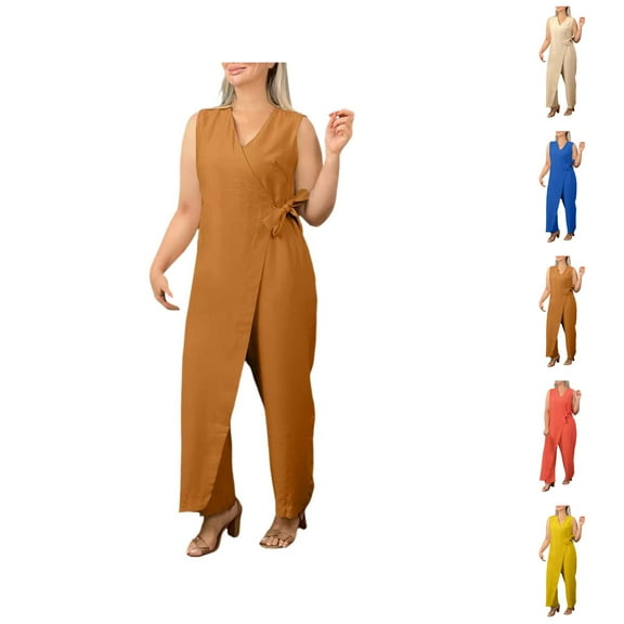 Women's Solid Color Casual V Neck Strap Romper Capri Pants