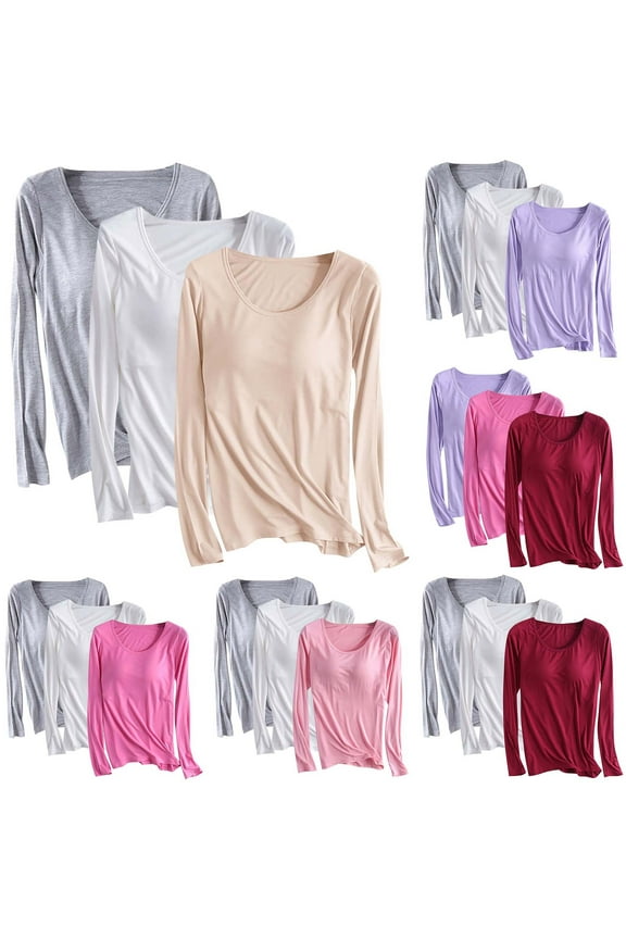 Women's Solid Color Chest Cushion Long Sleeve Underwire Shirt Tops Blouses Round Neck Fitted Casual Daily Wear Office Work Travel Fashion Essential Gift | CSEONE,Beige XL