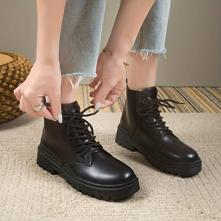 Women s Solid Color Chunky Heel Boots Fashion Lace Up Short Boots Women s Comfortable Ankle Boots