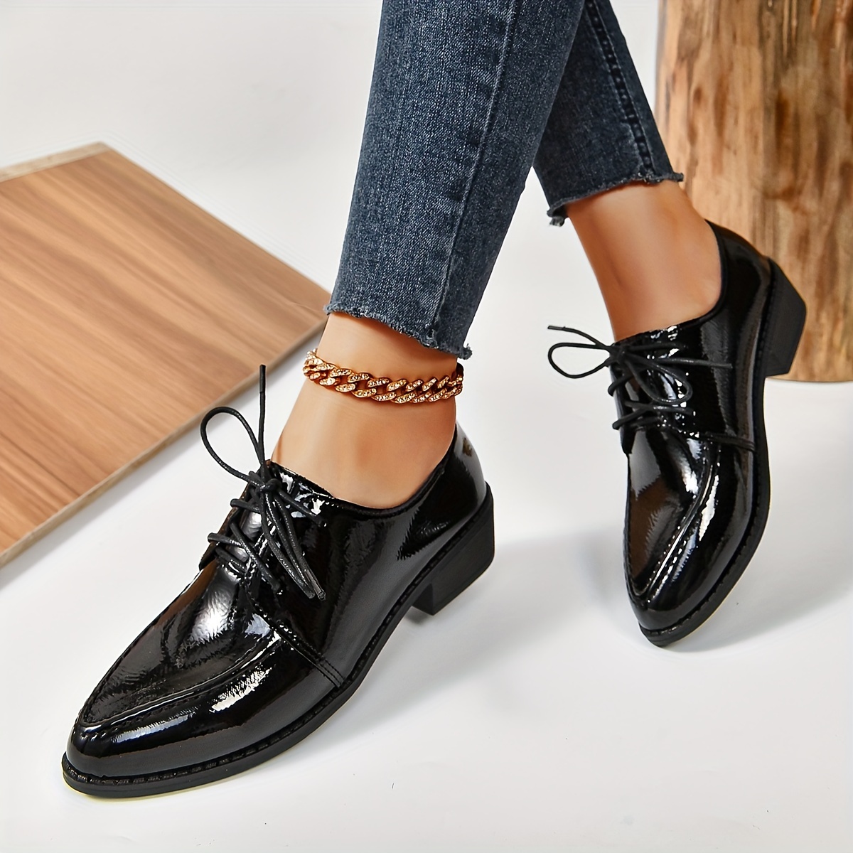 Women s Solid Color Chunky Heel Oxfords Fashion Lace Up Point Toe Dress Shoes Versatile And Comfortable Student Uniform Shoes Walmart