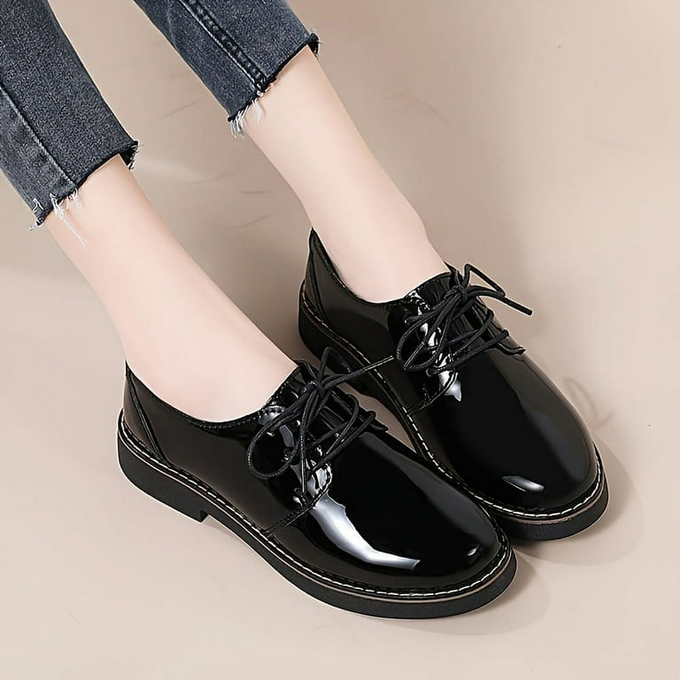 Women s Solid Color Chunky Heel Oxfords Fashion Lace Up Preppy Style Dress Shoes Women s Comfortable Shoes Walmart