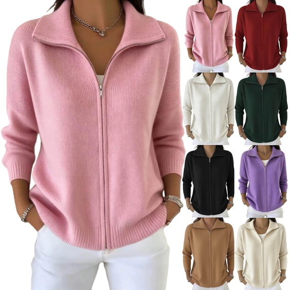 Women’s Solid Color Collared Zip up Sweater Cardigan Long Sleeve Full Zipper Knit Jacket for Fall Winter Daily Wear S-3XL White
