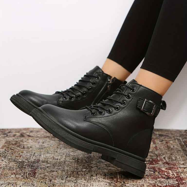 Women s Solid Color Combat Boots Fashion Lace Up Side Zipper Short Boots Stylish Buckle Strap Design Ankle Boots Walmart