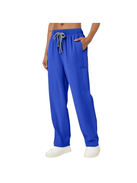 Women's Solid Color Comfort Drawstring Pants, Tapered Leg with Elastic Waist and Pockets for Care Work - Blue - M