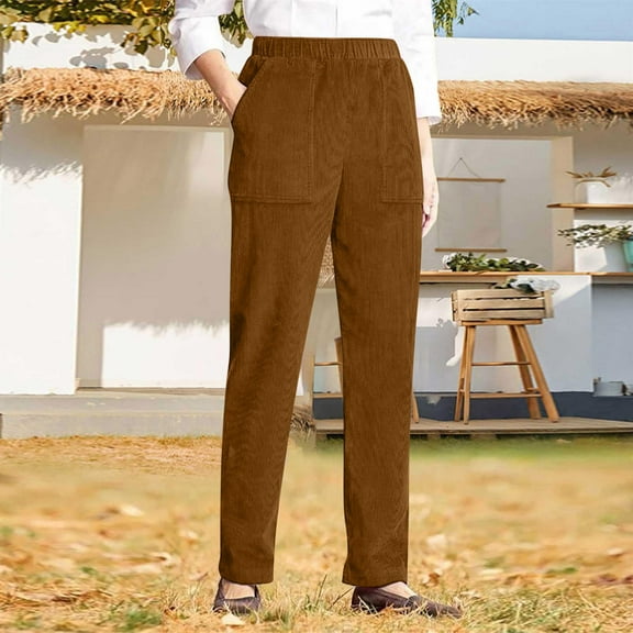 Women's Solid Color Corduroy Pants, Elastic Waist Straight Leg Casual Trousers with Pockets, Fashion Retro Textured Pants for Fall Winter Season Daily Wear Coffee