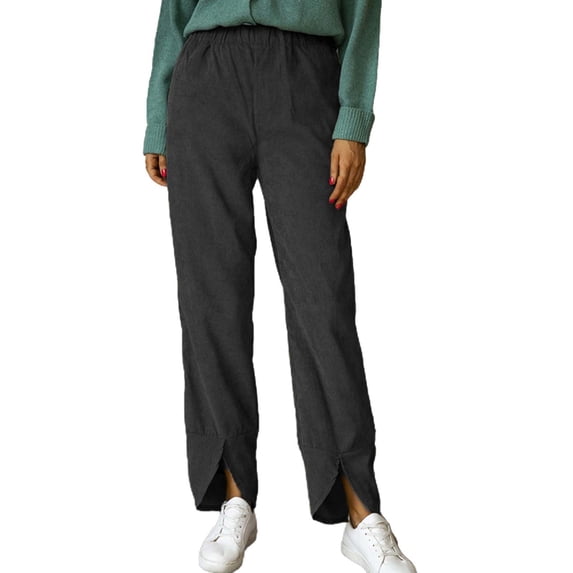 Women's Solid Color Corduroy Pants, Elastic Waist Straight Leg Trousers, Casual Pull On High Waisted Fall Winter Slacks with Pockets for Daily Wear Black L
