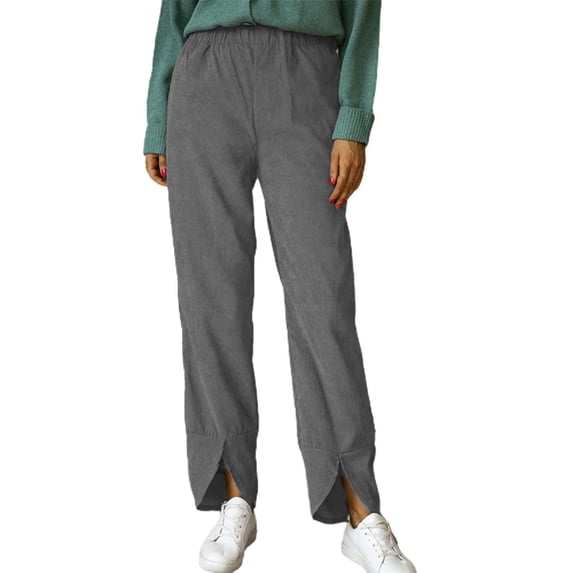 Women's Solid Color Corduroy Pants, Elastic Waist Straight Leg Trousers, Casual Pull On High Waisted Fall Winter Slacks with Pockets for Daily Wear Grey XXL