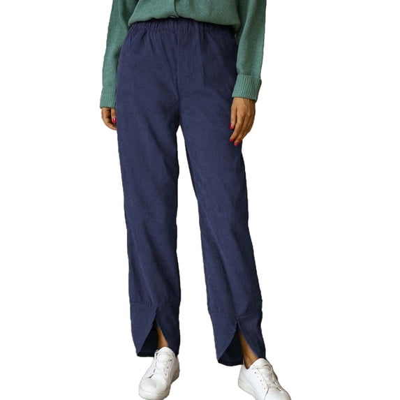 Women's Solid Color Corduroy Pants, Elastic Waist Straight Leg Trousers, Casual Pull On High Waisted Fall Winter Slacks with Pockets for Daily Wear Navy XL
