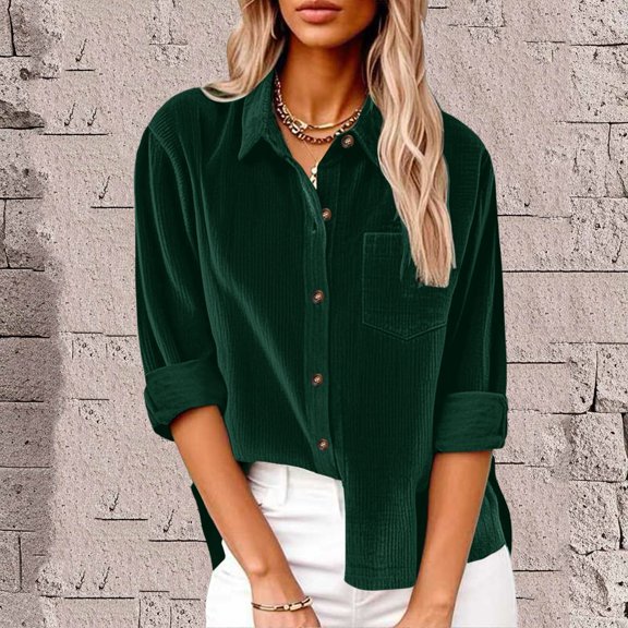Women's Solid Color Corduroy Shirt, Button Down Collar Pocket Blouse, Casual Long Sleeve Loose Fit Top for Fall Winter, Work, Travel and Daily Casual Wear Green XXL