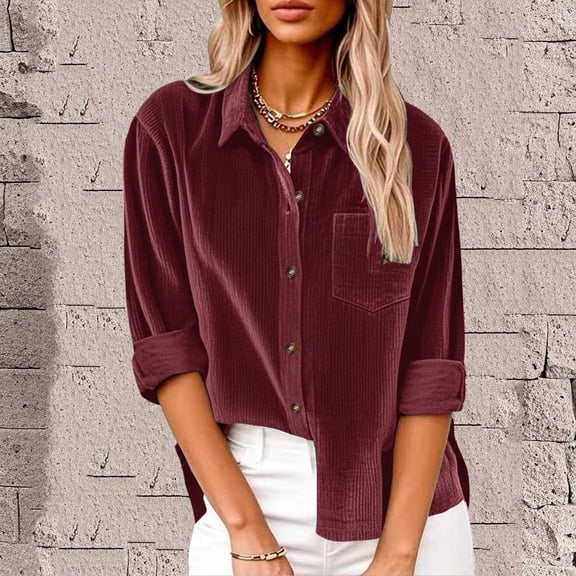 Women's Solid Color Corduroy Shirt, Button Down Collar Pocket Blouse, Casual Long Sleeve Loose Fit Top for Fall Winter, Work, Travel and Daily Casual Wear Wine L