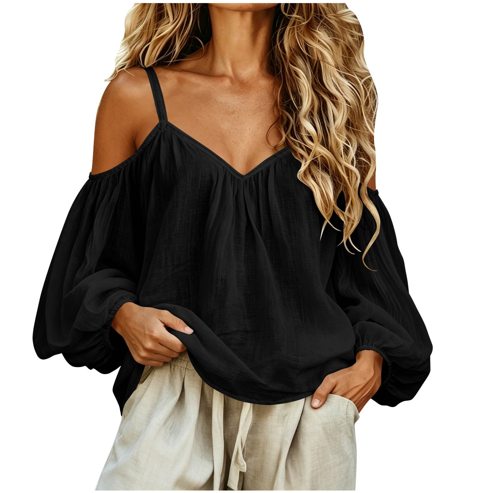 Women's Solid Color Cotton Blend off Shoulder Long Sleeve Blouse