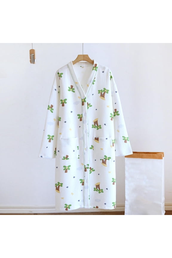 Women's Solid Color Cotton Flannel Robe Long Bathrobe with Pockets Green XL