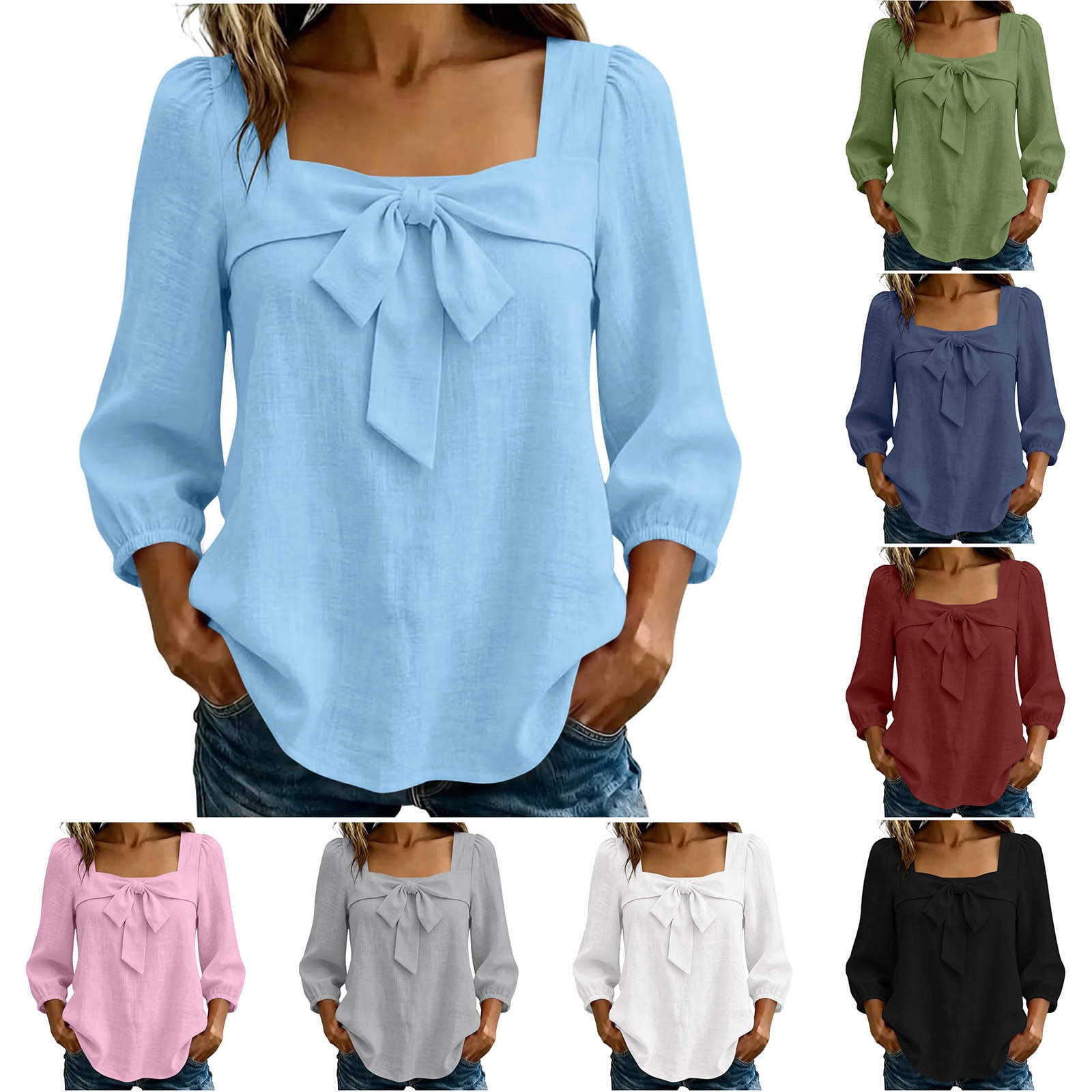 Women's Solid Color Cotton Linen Blouse, Square Neck Front Bow Tie