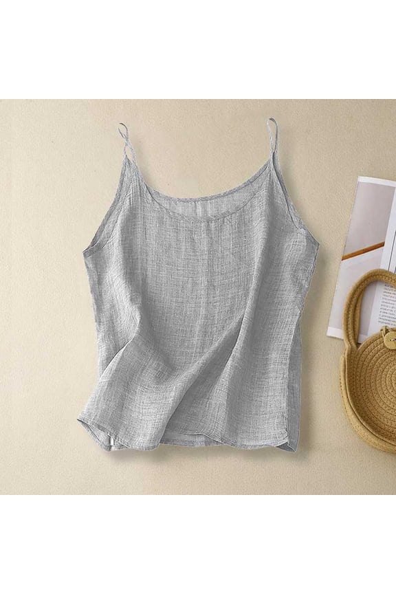 Women's Solid Color Cotton Linen Bohemian Vintage Camisole Top, Spaghetti Strap Loose Fit Tank Top for Summer Casual Wear, Vacation Outfits, Beach Fashion, Breathable and Stylish Grey XL