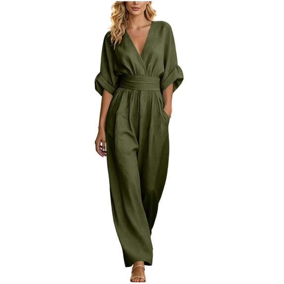 Women's Solid Color Cotton Linen Jumpsuits Tighten Waist Zipper V Neck Wide Leg One Piece Jumpsuit Loose Flowy Three Quarter Sleeve Rompers with Pockets