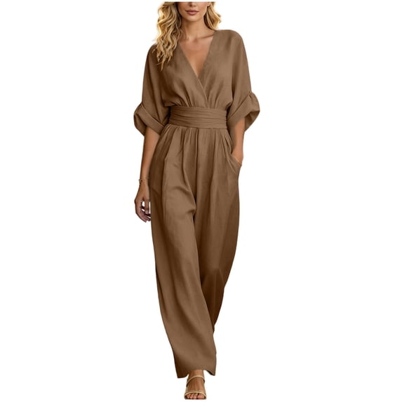 Women's Solid Color Cotton Linen Jumpsuits Tighten Waist Zipper V Neck Wide Leg One Piece Jumpsuit Loose Flowy Three Quarter Sleeve Rompers with Pockets