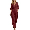 thumbnail image 1 of Women's Solid Color Cotton Linen Jumpsuits Tighten Waist Zipper V Neck Wide Leg One Piece Jumpsuit Loose Flowy Three Quarter Sleeve Rompers with Pockets, 1 of 7