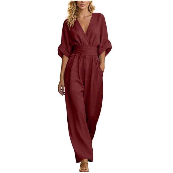 Women's Solid Color Cotton Linen Jumpsuits Tighten Waist Zipper V Neck Wide Leg One Piece Jumpsuit Loose Flowy Three Quarter Sleeve Rompers with Pockets